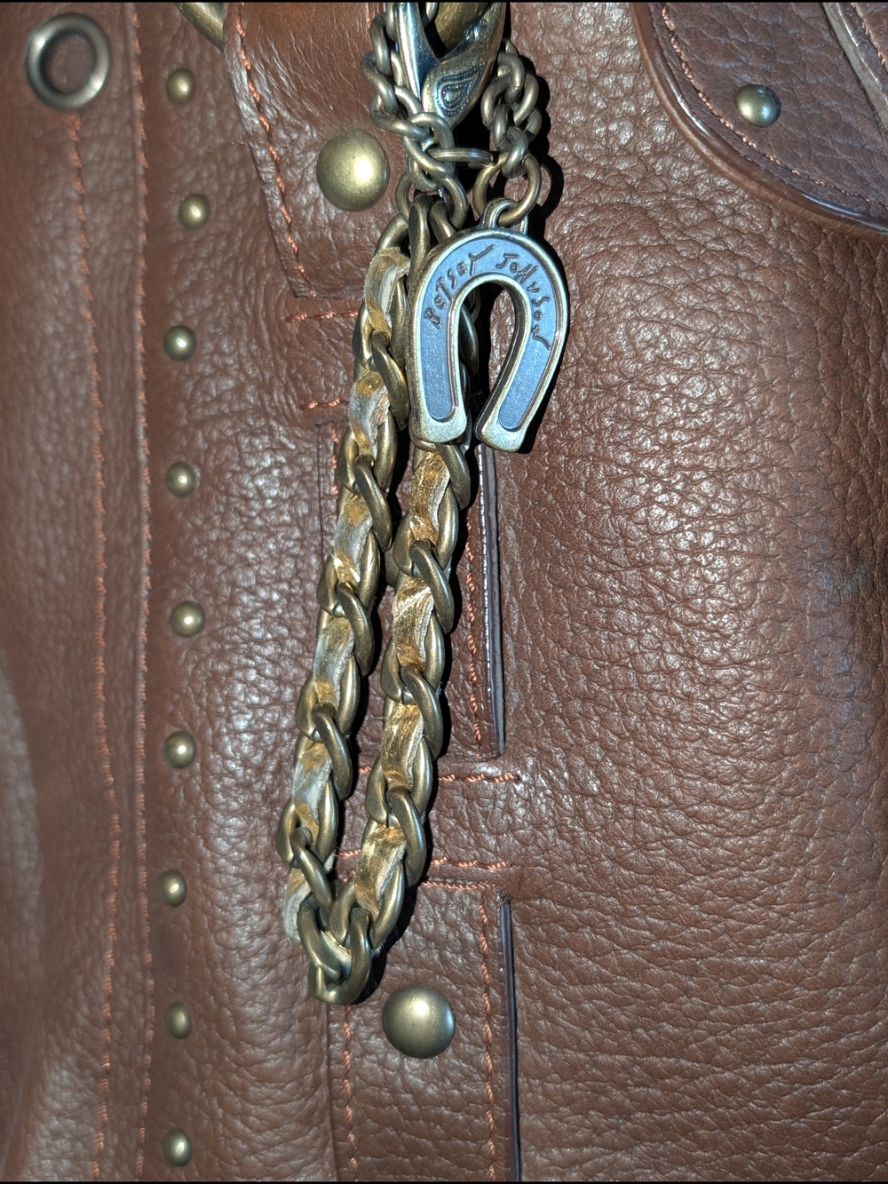 Vintage Betsey Johnson Rare Y2K Brown Leather Studded Satchel Bag - Picture 3 of 10